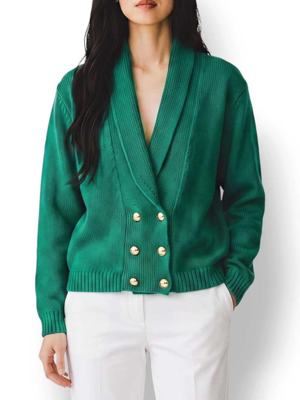 4/$20 Vintage Green Ramie Cotton Double Breasted Cardigan Shawl Collar Sweater M